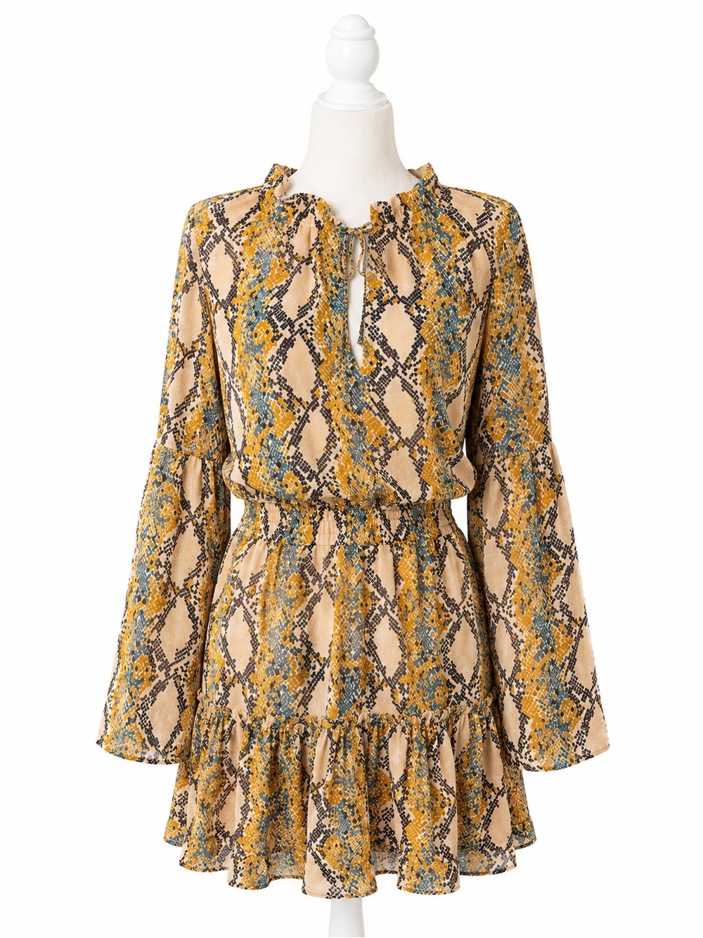BuddyLove Snake Print Long Sleeve Mini Dress NWT Women’s Small Blush Ruffle Boho